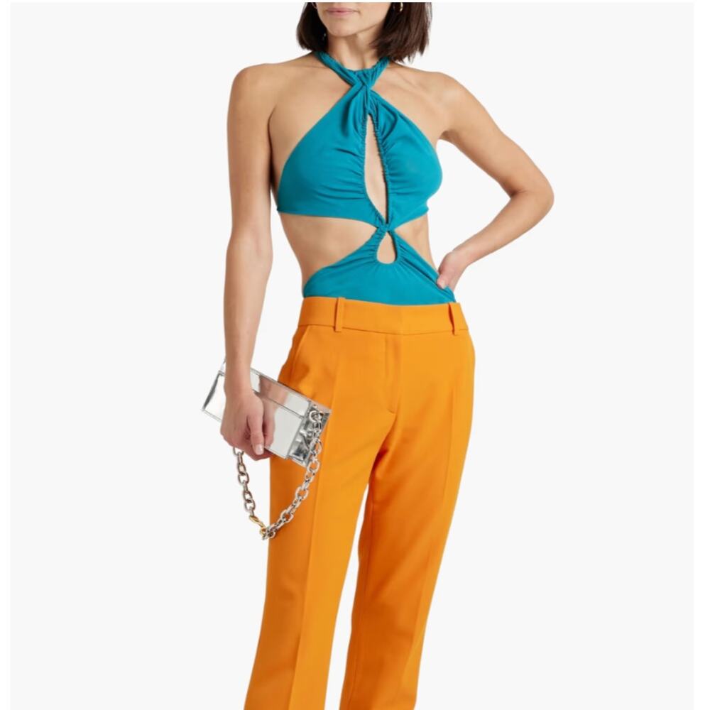 Supriya Lele Turquoise Mesh Halter Cut Out Bodysuit Medium NEW Blue Backless Top